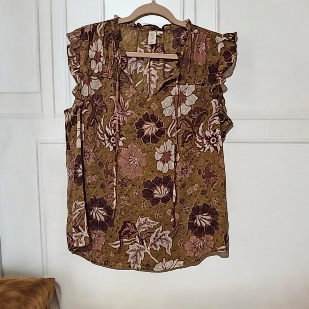 Joie Floral Semi-Sheer Sleeveless Ruffle Blouse